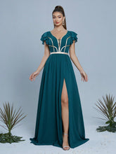 V-Neck Pearl Chiffon Contrast Tape Evening Dress, Wedding Event Dress